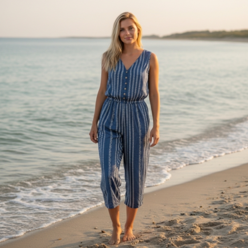 Japna, Blue,Jumpsuit, Womens, Wide Leg Button, Sleeveless,Pockets, M
